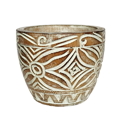 Home Decor: Hand Carved tribal floral design decorative wooden bowl.
