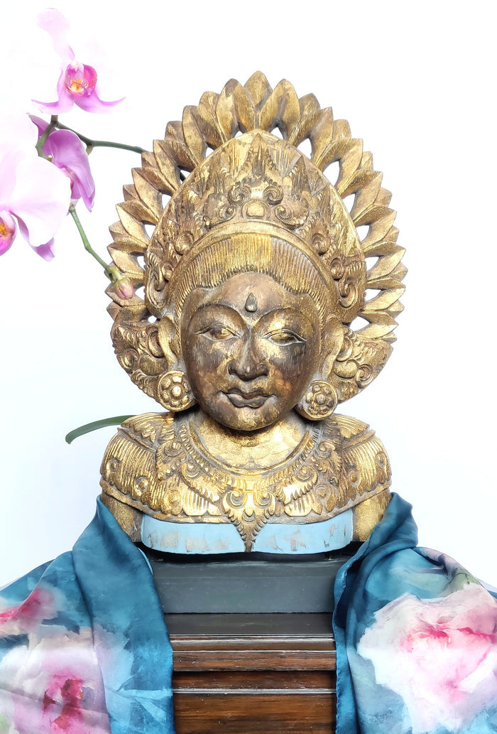 Home Decor Idol. Hand Carved Solid Wooden Goddess Dewi Sri Sculpture Mounted on a Wooden Base.