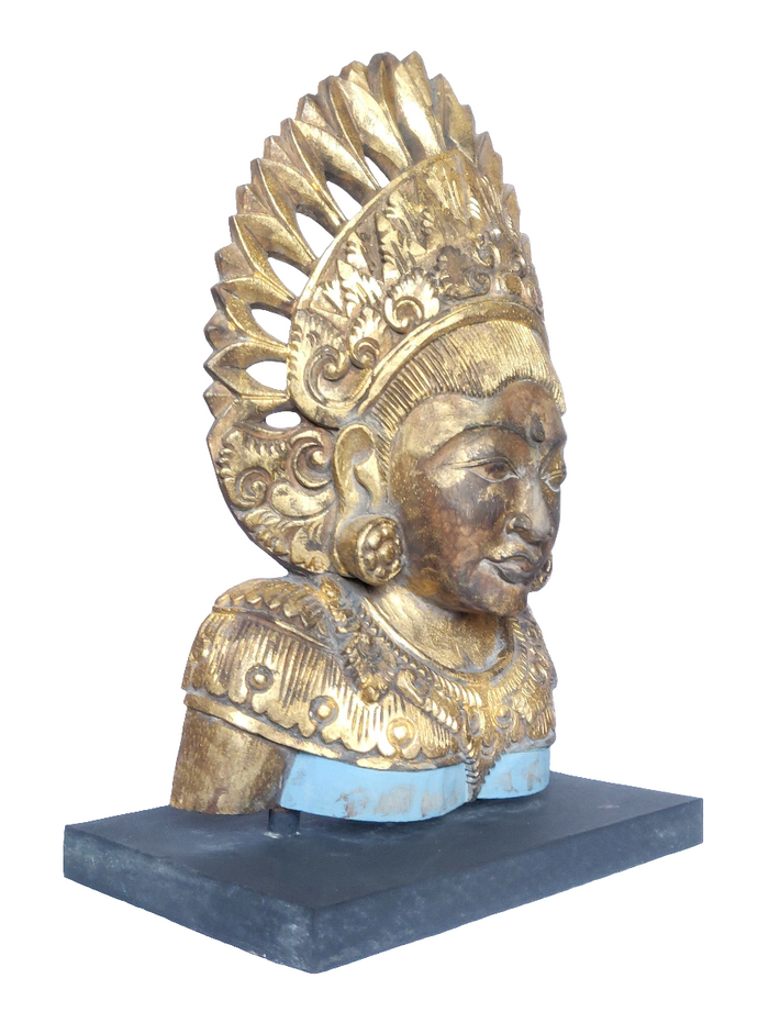 Home Decor Idol. Hand Carved Solid Wooden Goddess Dewi Sri Sculpture Mounted on a Wooden Base.