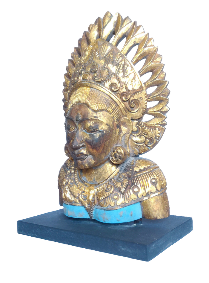 Home Decor Idol. Hand Carved Solid Wooden Goddess Dewi Sri Sculpture Mounted on a Wooden Base.