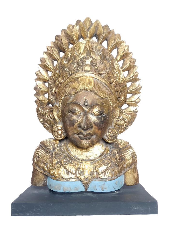 Home Decor Idol. Hand Carved Solid Wooden Goddess Dewi Sri Sculpture Mounted on a Wooden Base.
