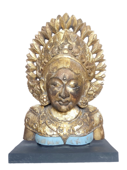 Home Decor Idol. Hand Carved Solid Wooden Goddess Dewi Sri Sculpture Mounted on a Wooden Base.