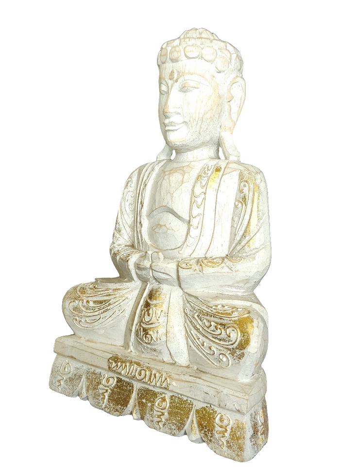 Home Decor Idol: Lord Buddha in wood seated and meditating on a floral pedestal.
