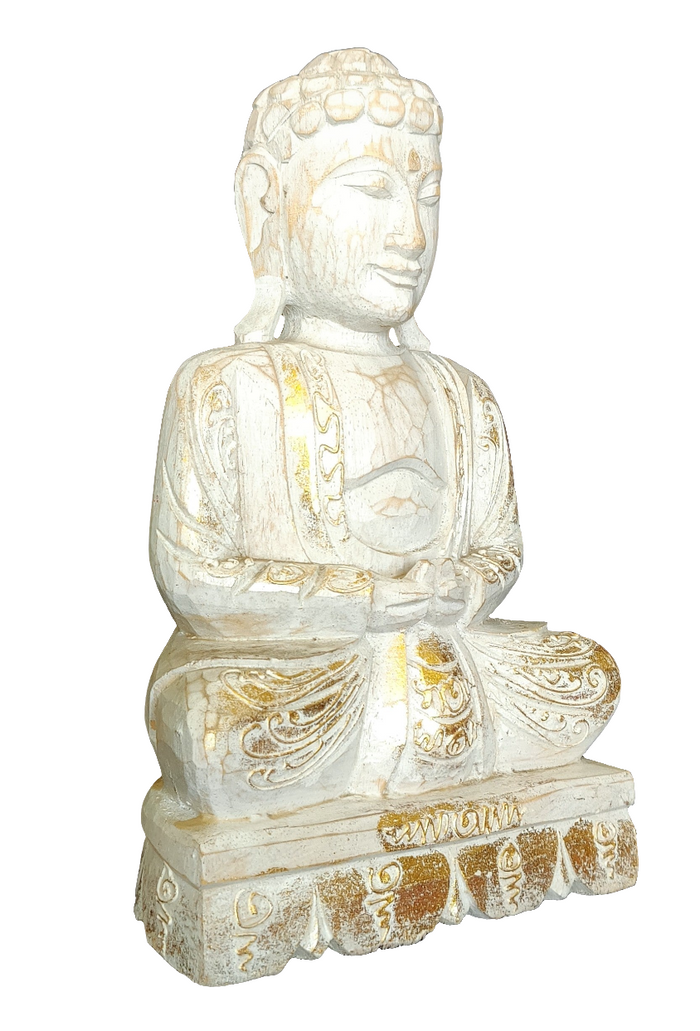 Home Decor Idol: Lord Buddha in wood seated and meditating on a floral pedestal.