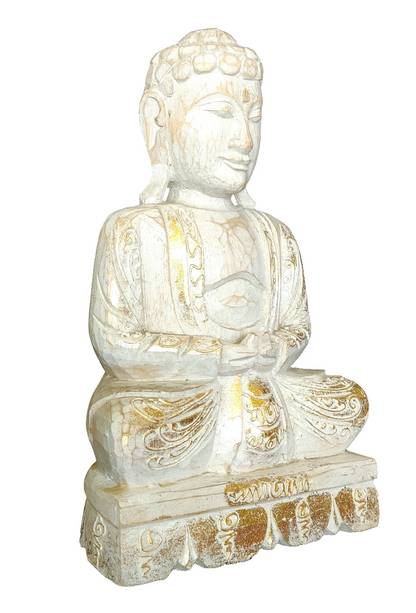 Home Decor Idol: Lord Buddha in wood seated and meditating on a floral pedestal.