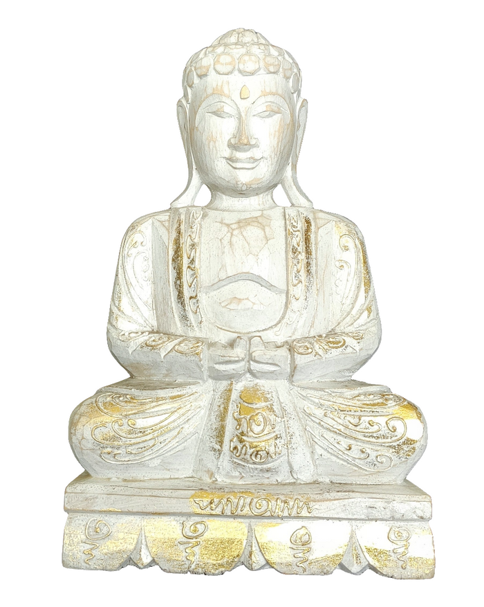 Home Decor Idol: Lord Buddha in wood seated and meditating on a floral pedestal.