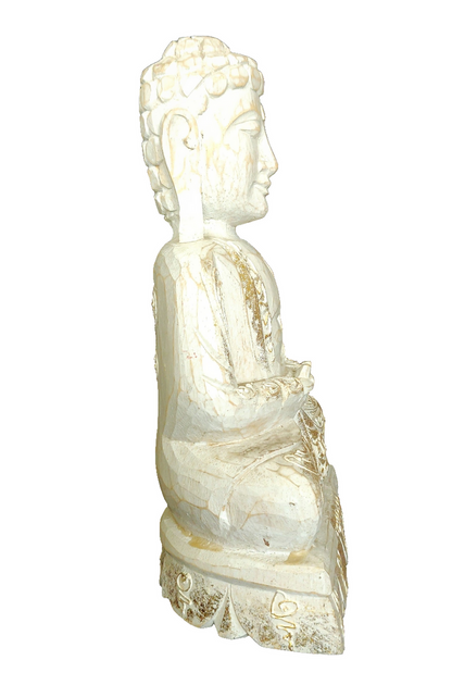 Home Decor Idol: Lord Buddha in wood seated and meditating on a floral pedestal.