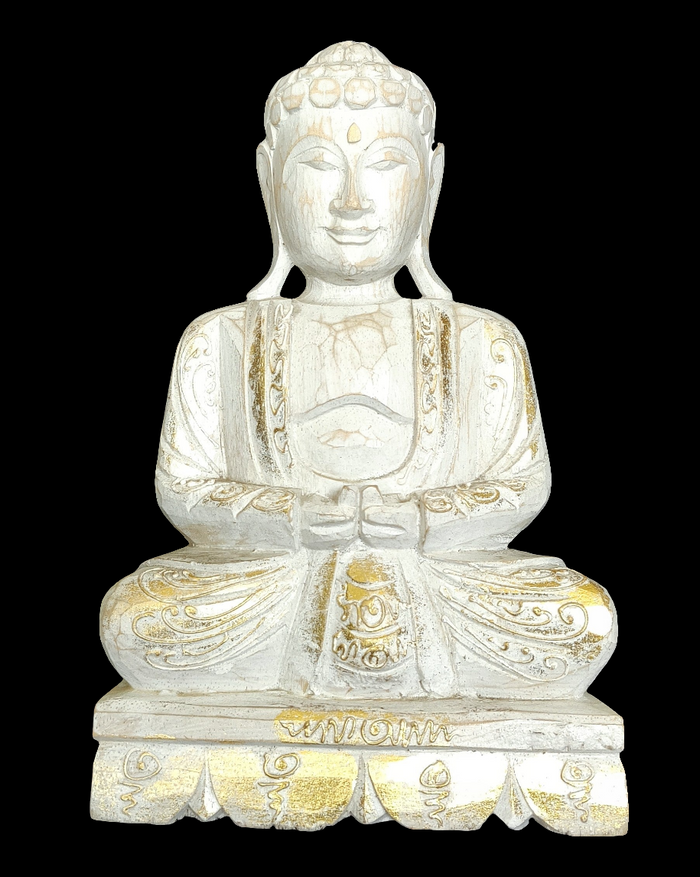 Home Decor Idol: Lord Buddha in wood seated and meditating on a floral pedestal.