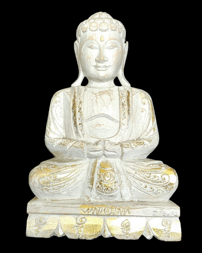 Home Decor Idol: Lord Buddha in wood seated and meditating on a floral pedestal.