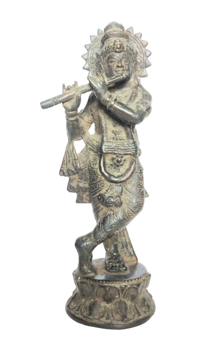 Home Decor Idol. Solid Bronze Sculpture of Lord Krishna with Antiqued Patina. East Asian.