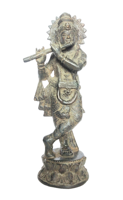 Home Decor Idol. Solid Bronze Sculpture of Lord Krishna with Antiqued Patina. East Asian.