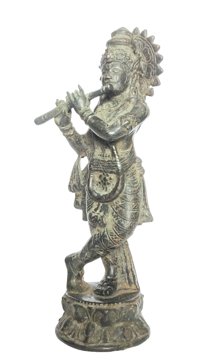 Home Decor Idol. Solid Bronze Sculpture of Lord Krishna with Antiqued Patina. East Asian.