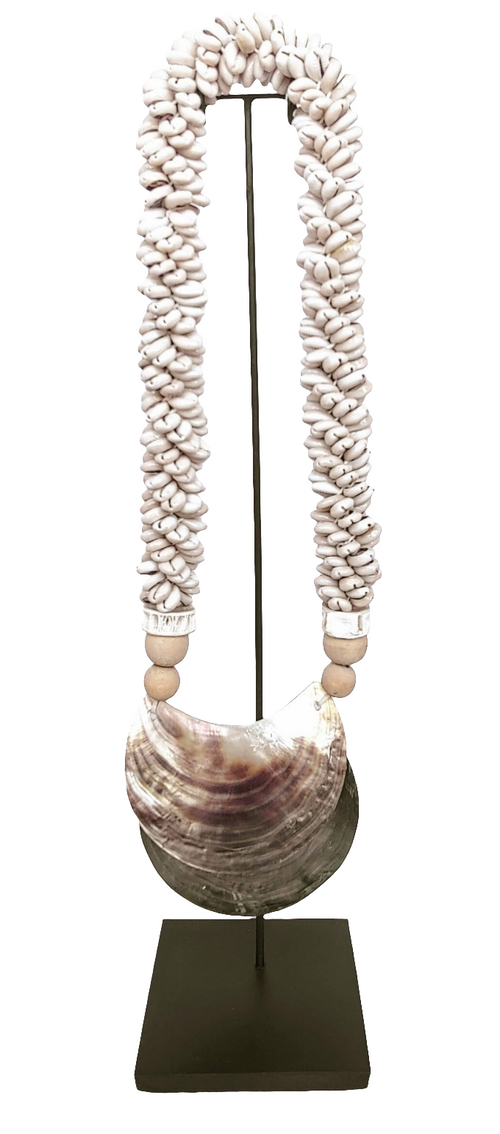 Home Decor. Mother Of Pearl Crescent Necklace with Shells and Wooden Beads on stand.