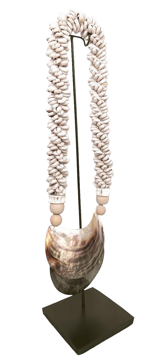 Home Decor. Mother Of Pearl Crescent Necklace with Shells and Wooden Beads on stand.