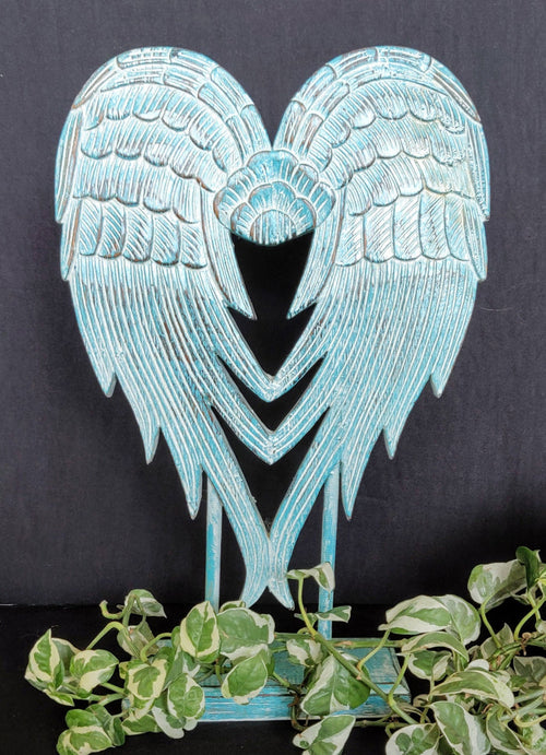Home Decor Ornament. Angel Wings Sculpture Statue On Stand, Hand Carved and Painted.
