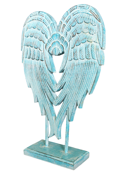 Home Decor Ornament. Angel Wings Sculpture Statue On Stand, Hand Carved and Painted.