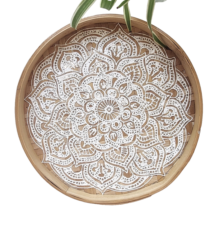 Home Decor. Table - Wall Accent. Handwoven and Painted Elegant Bamboo Tray with Mandala Design