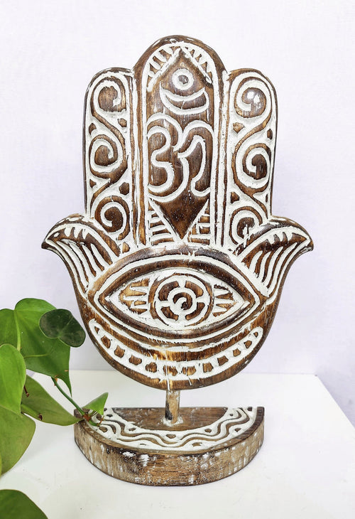 Home Decor. Table Accent. Carved and Hand Painted, Wooden Hamsa Hand Statue.