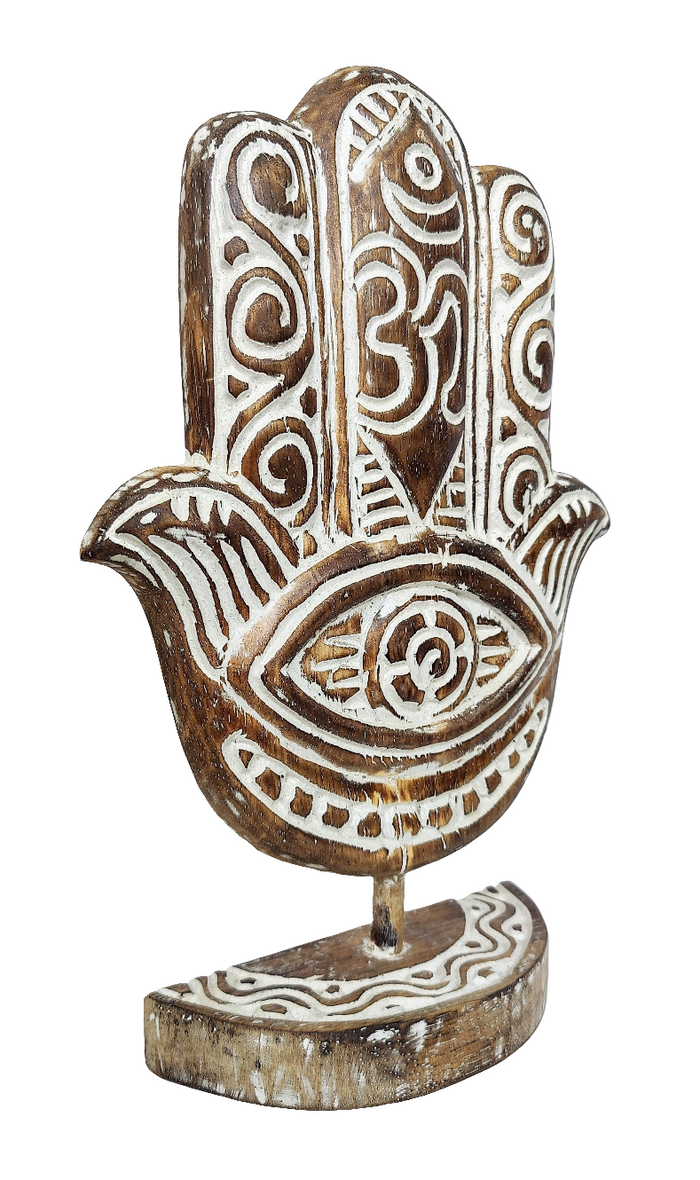 Home Decor. Table Accent. Carved and Hand Painted, Wooden Hamsa Hand Statue.