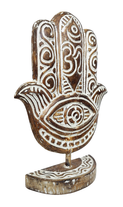Home Decor. Table Accent. Carved and Hand Painted, Wooden Hamsa Hand Statue.
