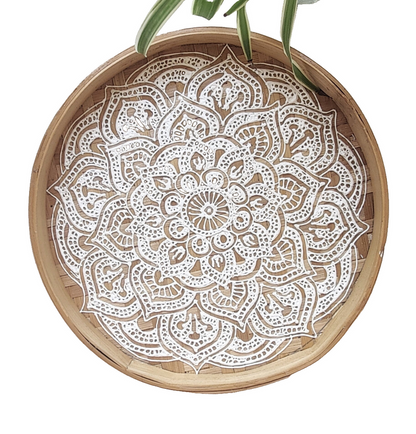 Home Decor. Table Accent. Handwoven and Painted Elegant Bamboo Tray with Mandala Design