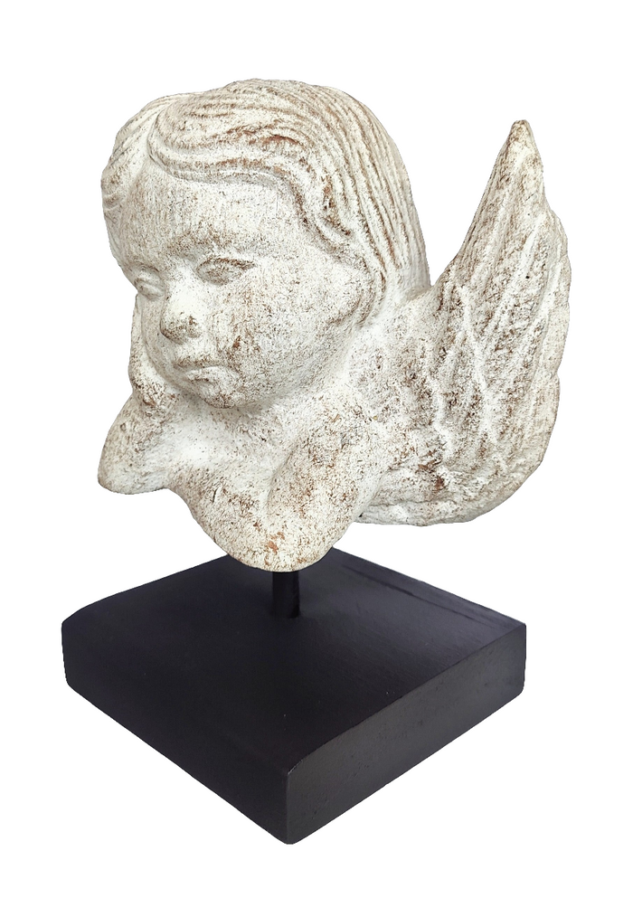Home Decor. Table Ornament. Stone Angel Cherub on Stand.