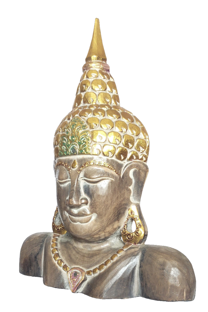 Home Decor. Tabletop Accent. Beautiful and Serene Handcrafted and Painted Wooden Buddha Bust.