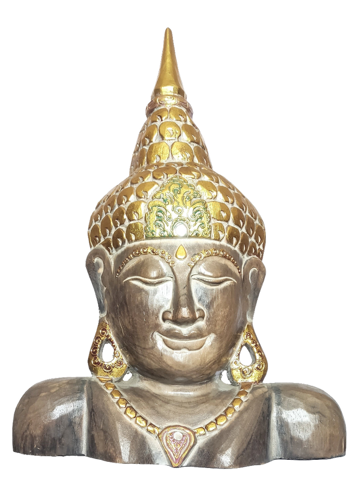 Home Decor. Tabletop Accent. Beautiful and Serene Handcrafted and Painted Wooden Buddha Bust.