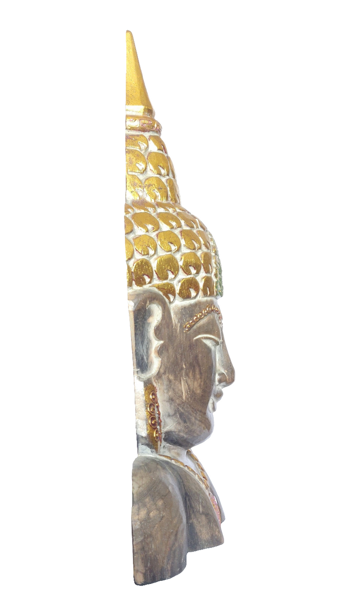 Home Decor. Tabletop Accent. Beautiful and Serene Handcrafted and Painted Wooden Buddha Bust.