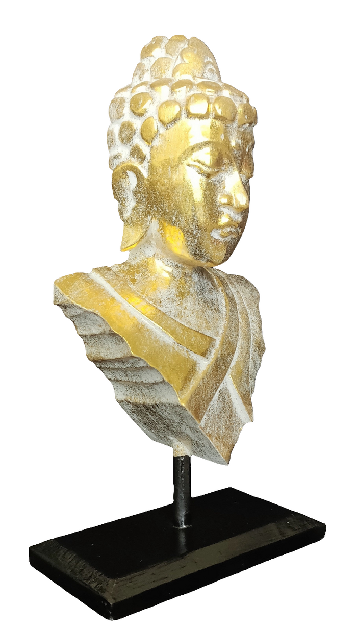 Home Decor. Tabletop Idol. Handcrafted Wooden Serene Meditating Buddha Bust On a Rustic Stand.