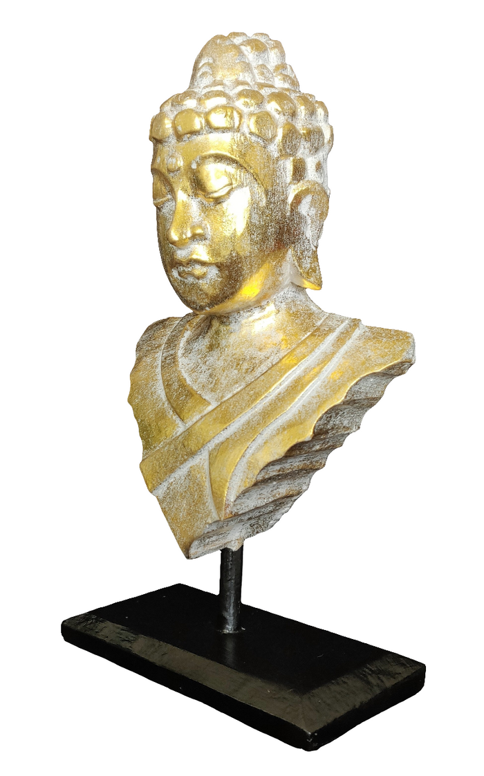 Home Decor. Tabletop Idol. Handcrafted Wooden Serene Meditating Buddha Bust On a Rustic Stand.