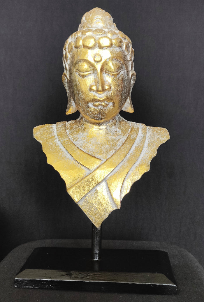 Home Decor. Tabletop Idol. Handcrafted Wooden Serene Meditating Buddha Bust On a Rustic Stand.