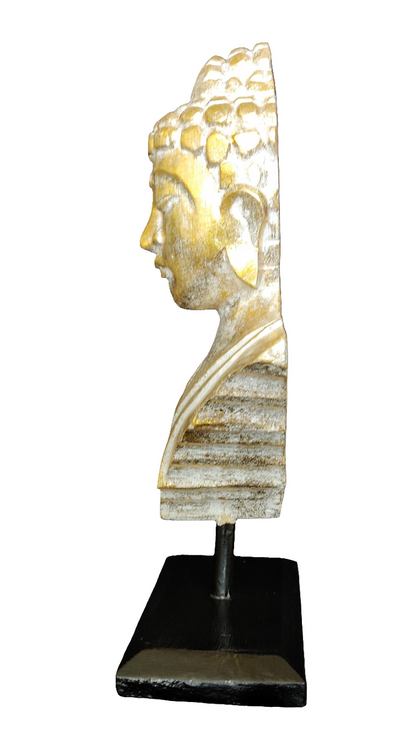 Home Decor. Tabletop Idol. Handcrafted Wooden Serene Meditating Buddha Bust On a Rustic Stand.