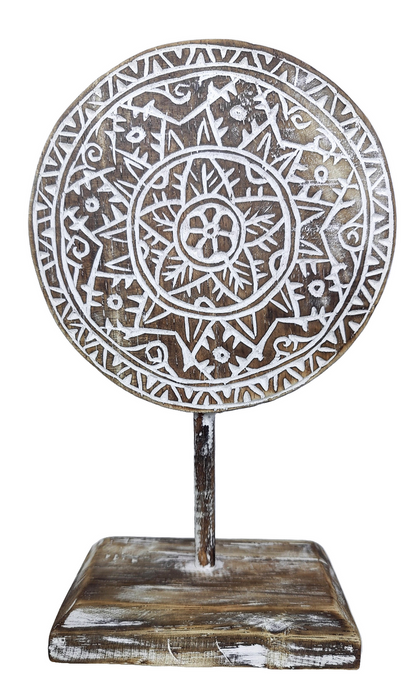 Home Decor: Tabletop Showpiece. Carved Wooden Disc Tribal Design Decor On Stand.