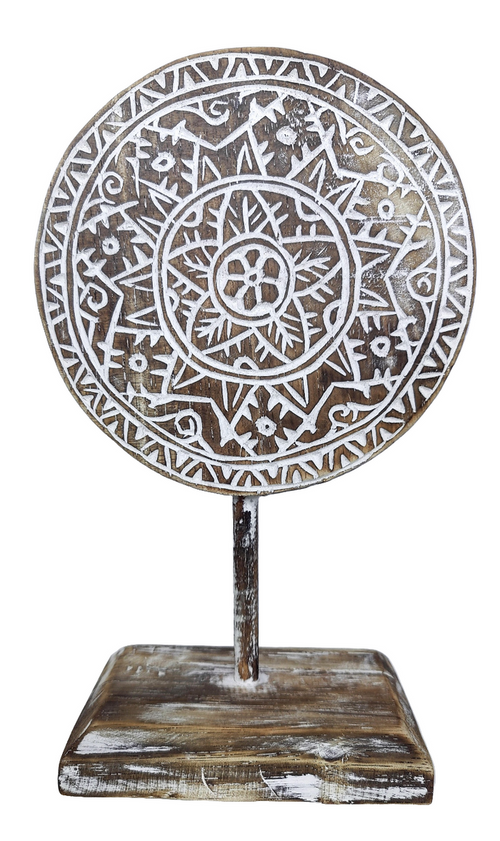 Home Decor: Tabletop Showpiece. Carved Wooden Disc Tribal Design Decor On Stand.