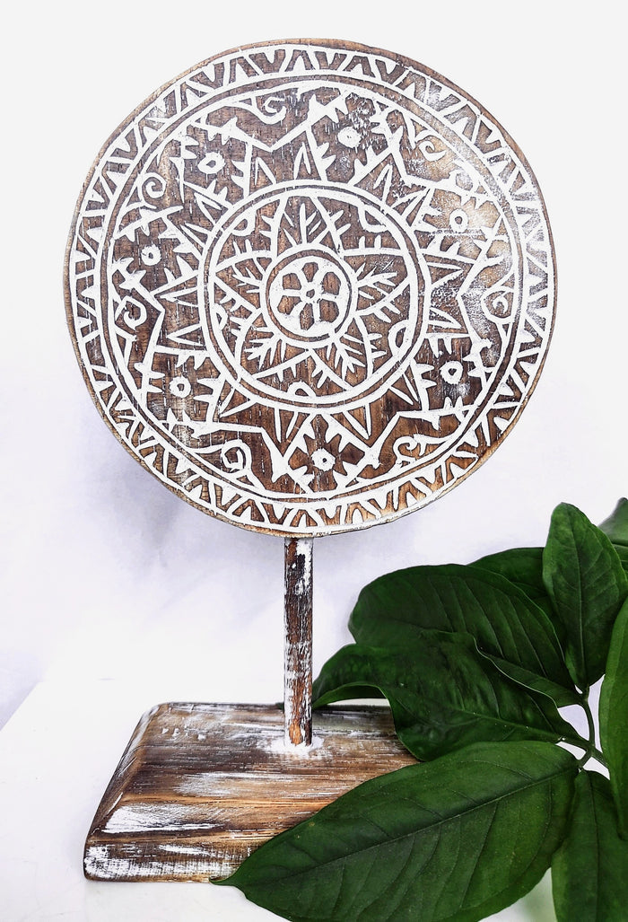 Home Decor: Tabletop Showpiece. Carved Wooden Disc Tribal Design Decor On Stand.