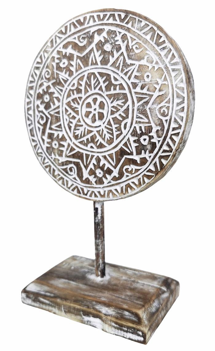 Home Decor: Tabletop Showpiece. Carved Wooden Disc Tribal Design Decor On Stand.