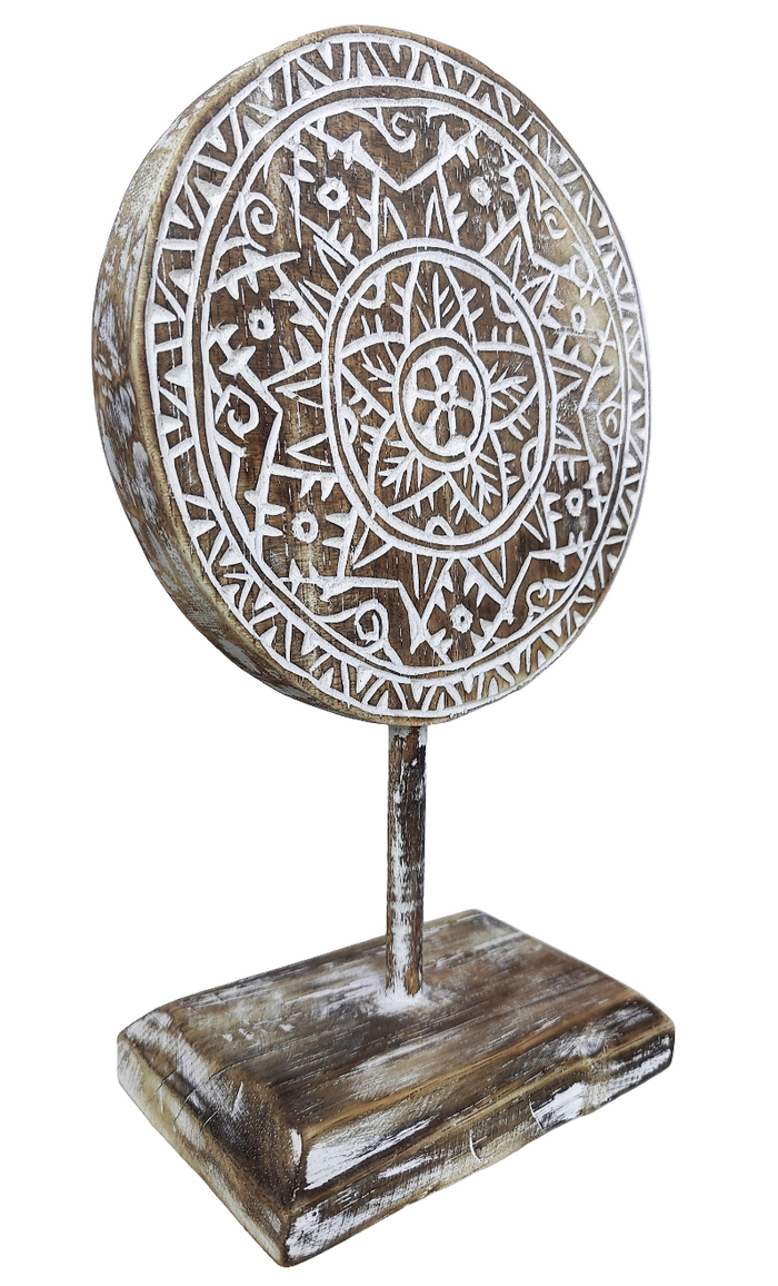 Home Decor: Tabletop Showpiece. Carved Wooden Disc Tribal Design Decor On Stand.