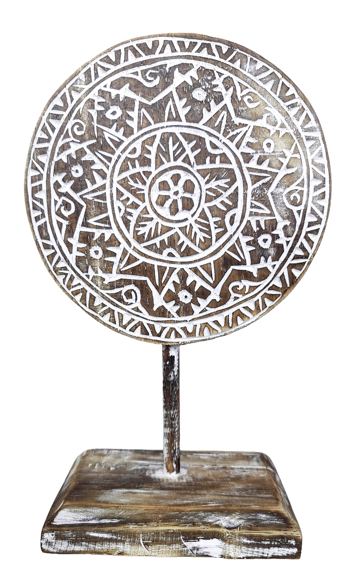 Home Decor: Tabletop Showpiece. Carved Wooden Disc Tribal Design Decor On Stand.