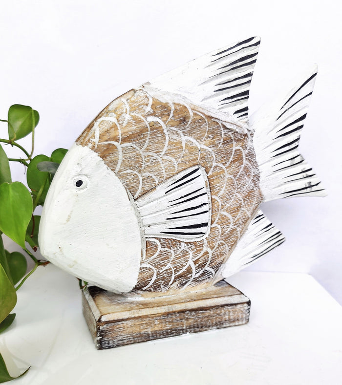 Home Decor. Tabletop Showpiece. Hand Carved Albesia Wood Fish Statuette, "Lone Swimmer".