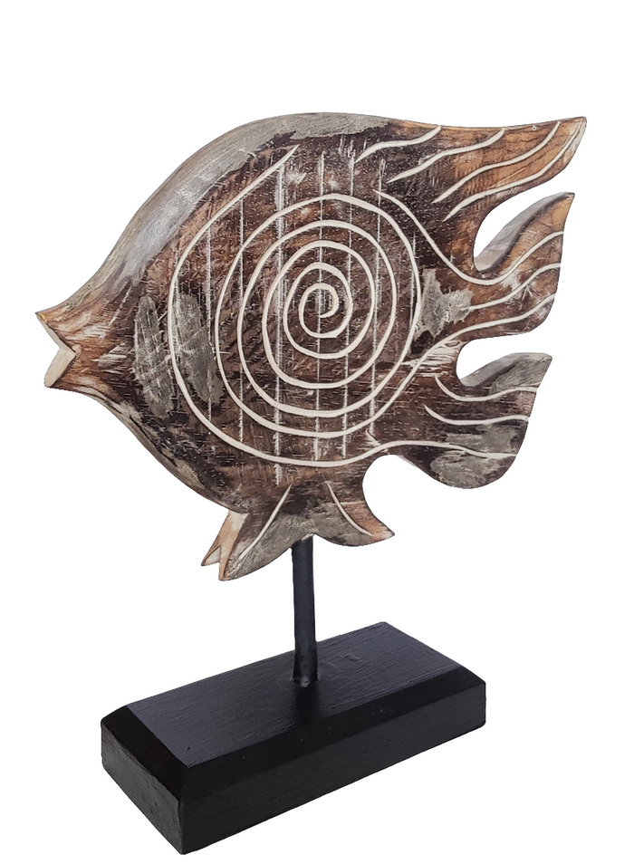 Home Decor. Tabletop Showpiece. Hand Crafted and Painted Rustic Wooden Fish Statuette, "Lone Swimmer".