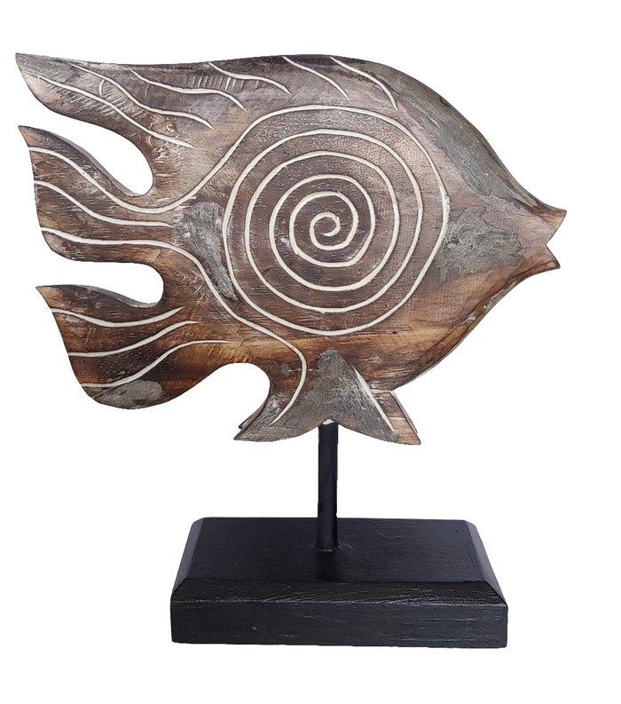 Home Decor. Tabletop Showpiece. Hand Crafted and Painted Rustic Wooden Fish Statuette, "Lone Swimmer".
