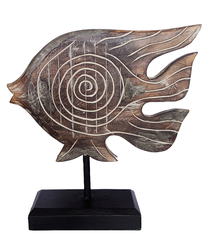 Home Decor. Tabletop Showpiece. Hand Crafted and Painted Rustic Wooden Fish Statuette, "Lone Swimmer".