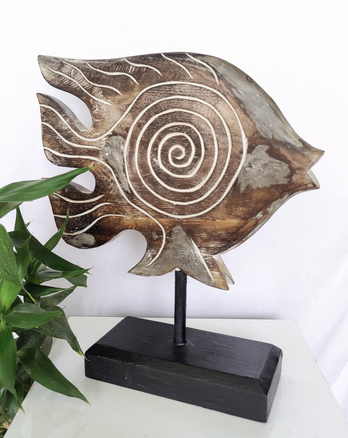 Home Decor. Tabletop Showpiece. Hand Crafted and Painted Rustic Wooden Fish Statuette, "Lone Swimmer".