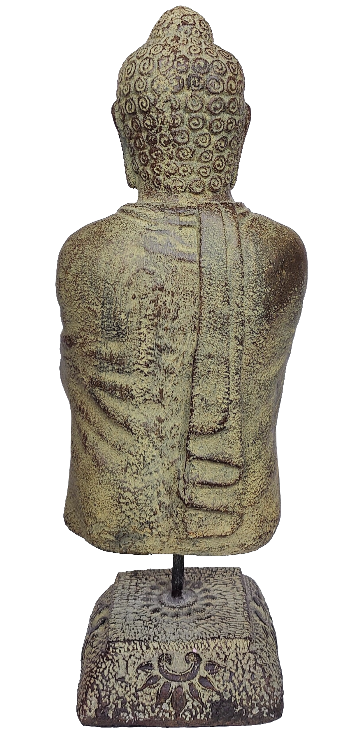 Home Decor. Tabletop Stone Sculpture. Lord Buddha bust mounted on a floral base.