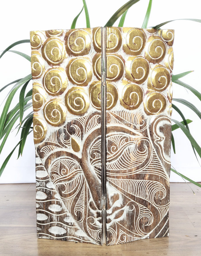 Home Decor.
Wall - Table Artifact. Handcrafted Serene Buddha Face Art Wooden Folding Screen Panel.