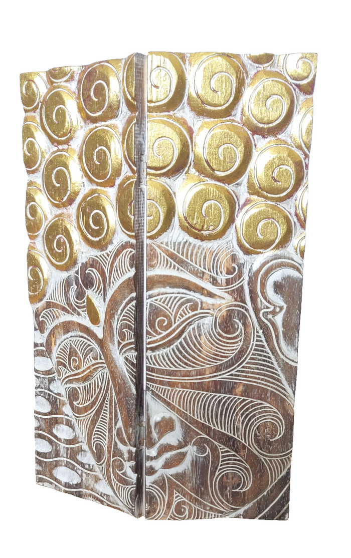 Home Decor.
Wall - Table Artifact. Handcrafted Serene Buddha Face Art Wooden Folding Screen Panel.