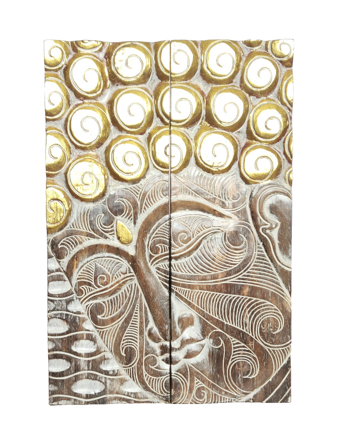 Home Decor.
Wall - Table Artifact. Handcrafted Serene Buddha Face Art Wooden Folding Screen Panel.