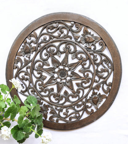 Home Decor. Wall Art. Floral Round Relief Panel Carving, "Royal Flower". Dia 20 ".