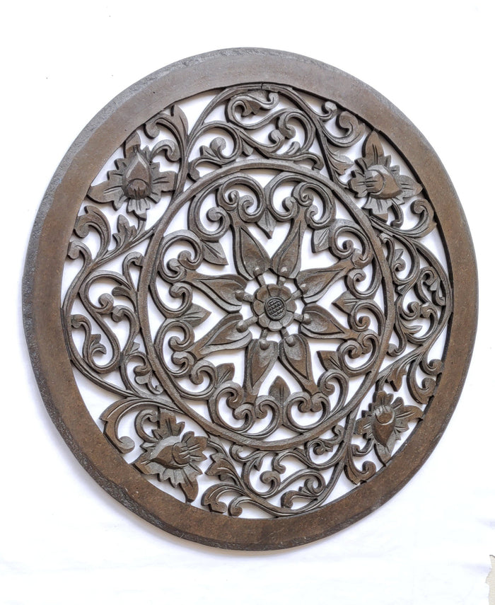 Home Decor. Wall Art. Floral Round Relief Panel Carving, "Royal Flower". Dia 20 ".
